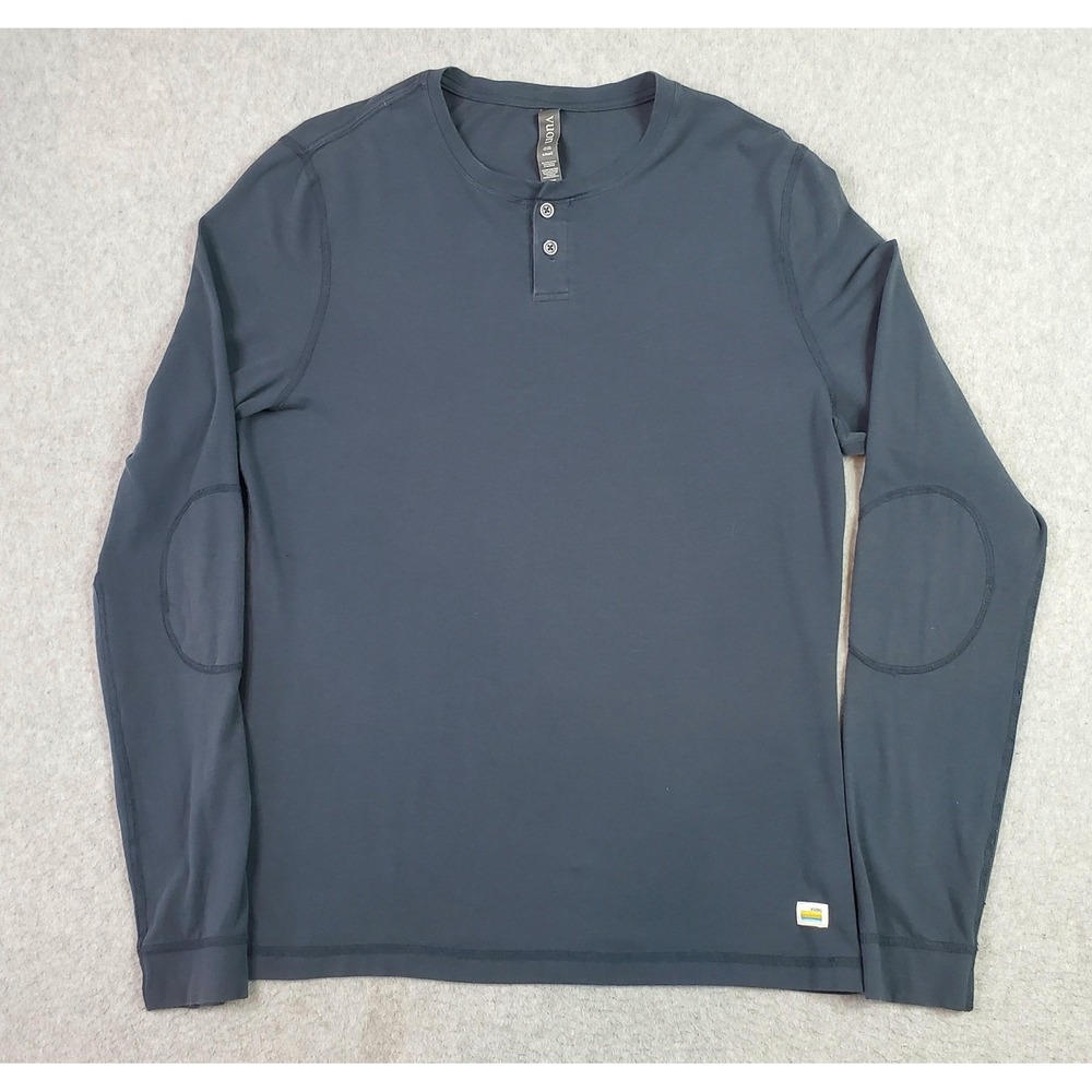 Vuori Ever Henley Shirt Mens Small Blue Pima Cotton Long Sleeve Elbow Patch